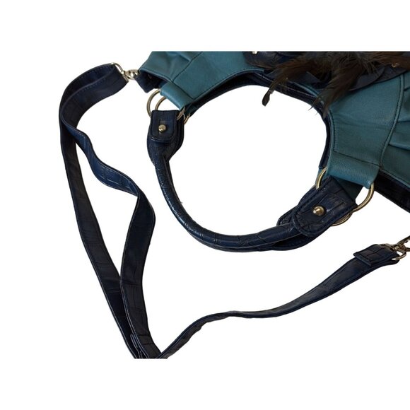 GG..ing Blue Flower with Feathers Crossbody Shoulder Bag Adjustable Faux Leather - Picture 15 of 16